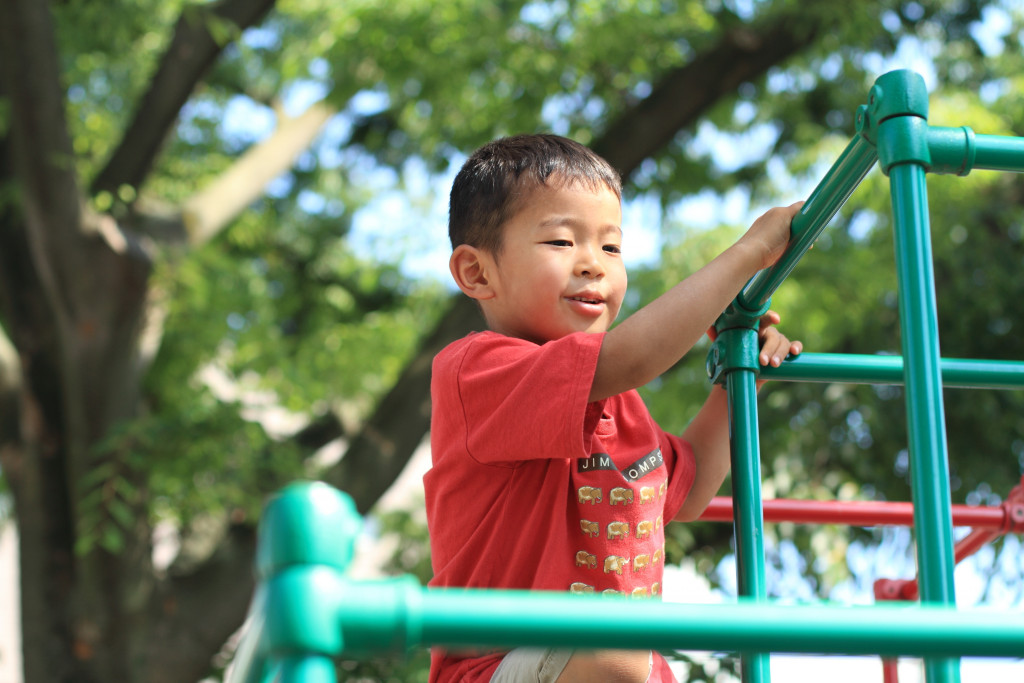 A boy using a jungle gym at the park
